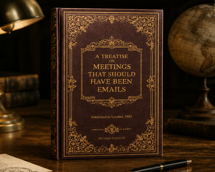 Decorative book titled 'A Treatise on Meetings That Should Have Been Emails' on a desk with a pen and globe.